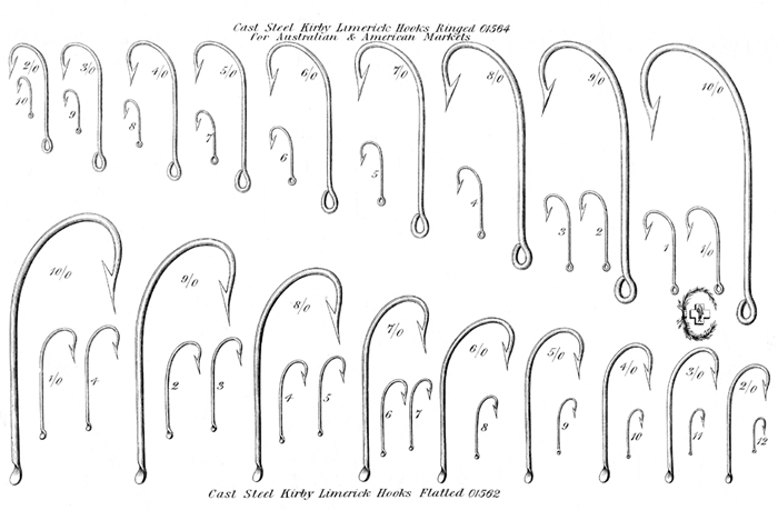 Woodfield hooks, Kirby Limerick, ringed and flatted, Colin Innes