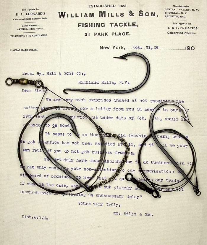 21 E Vom Hofe, Van Vleck, 11/0, tinned, forged, needle eye, links & snell, knife edge, ca 1900.