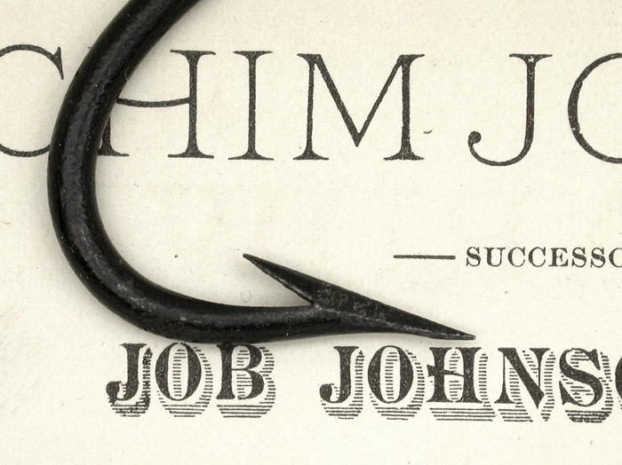 1. This great original advertisement by Achim Johnson, Job’s son, was taken from an 1882 book/magazine. It is about 5 ½” x 8 ¼”. The hook laying on it, I believe to be a Job Johnson original. Most of the original japan remains on the hook which is in near new condition. It is about 3 5/8” long with a gape of about 1 ¼”.